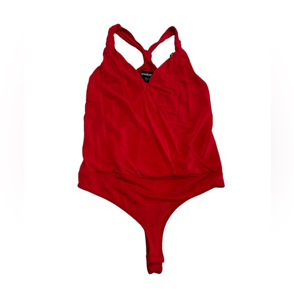 Bebe Red Halter V neck Bodysuit Top Size Small - Picture 14 of 17